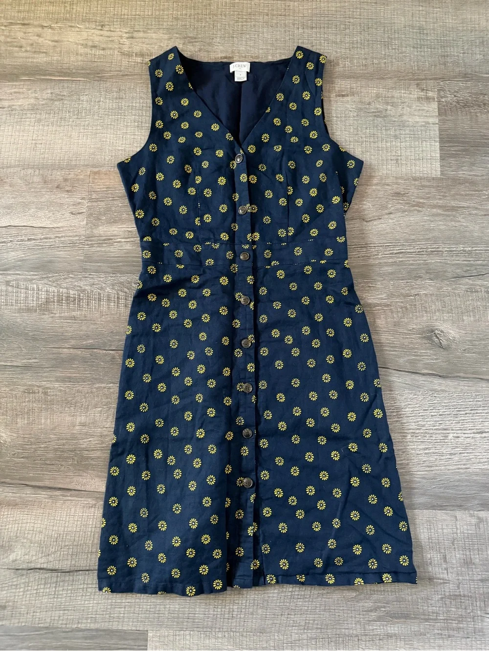 J. Crew Linen Navy Daisy Dress 2 Sheath Button Down Sleeveless Mini Sunflower